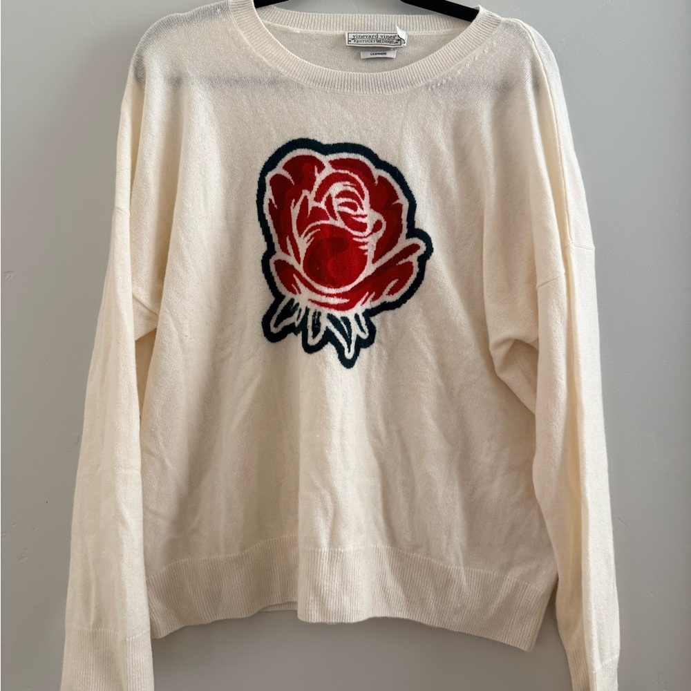 Vineyard Vines Cream Sweater with Red Rose Design CASHMERE